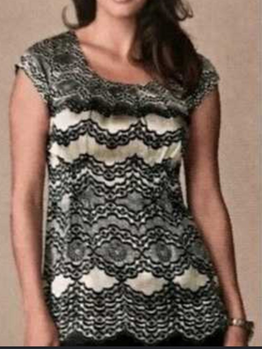 CAbi Black and Cream Lace-Patterned Cap Sleeve Top